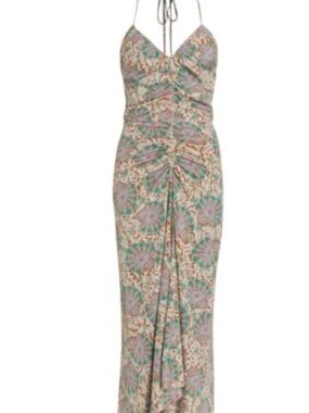 Veronica Beard Floral Halter Ruched Maxi Dress in Sage Green and Pink